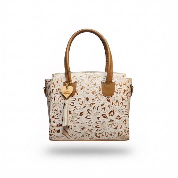 Gold White Sunflower Embossed Tooled Artisan LEATHER Crossbody Handbag Purse - Picture 2 of 15